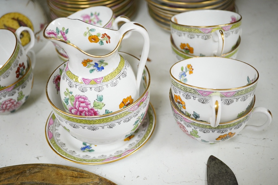 A Bristol blue glass dump, a wheatsheaf carved bread board and bread knife, three ornate glass shades and a Copeland Spode china tea set, bread board 30.5 cm diameter. Condition - dump, tea set good, shades chipped and b